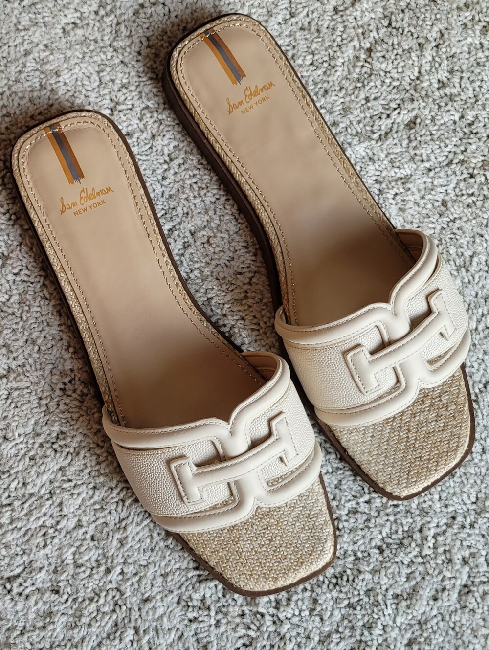 Cream Leather Sandals Natural Woven Toe Detail & Metallic Stitching 10 1/2 - Picture 3 of 5